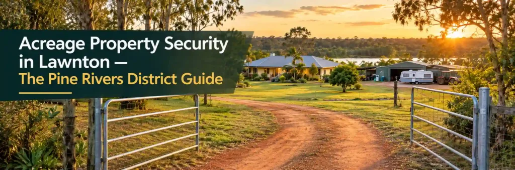 Acreage property security in Lawnton featuring an open steel driveway gate, rural home, shed, caravan and equipment in the Pine Rivers District.