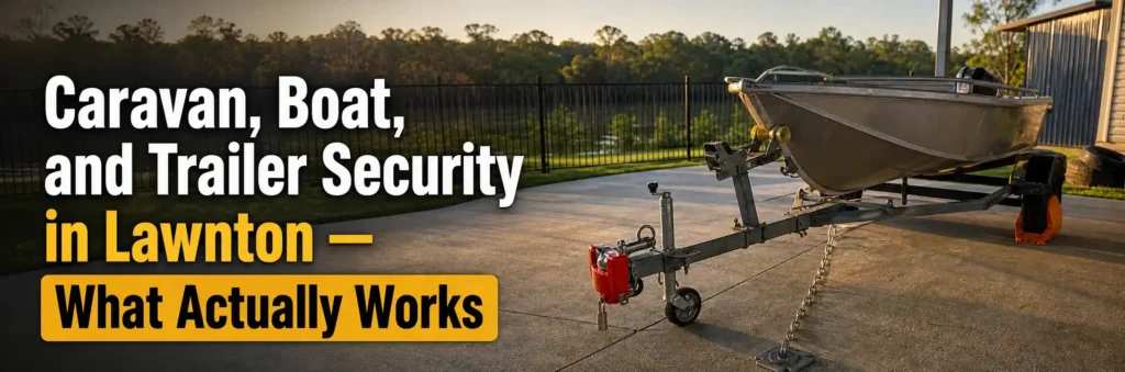 Boat secured on a trailer in a Lawnton driveway with a trailer hitch lock, security chain and wheel lock for theft prevention. Copy Alt Text