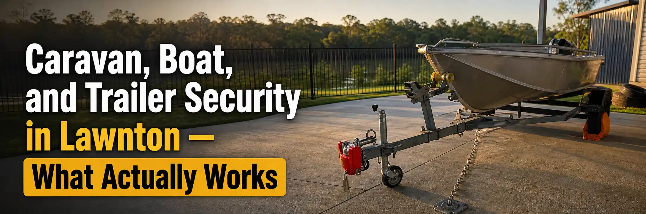 Boat secured on a trailer in a Lawnton driveway with a trailer hitch lock, security chain and wheel lock for theft prevention. Copy Alt Text