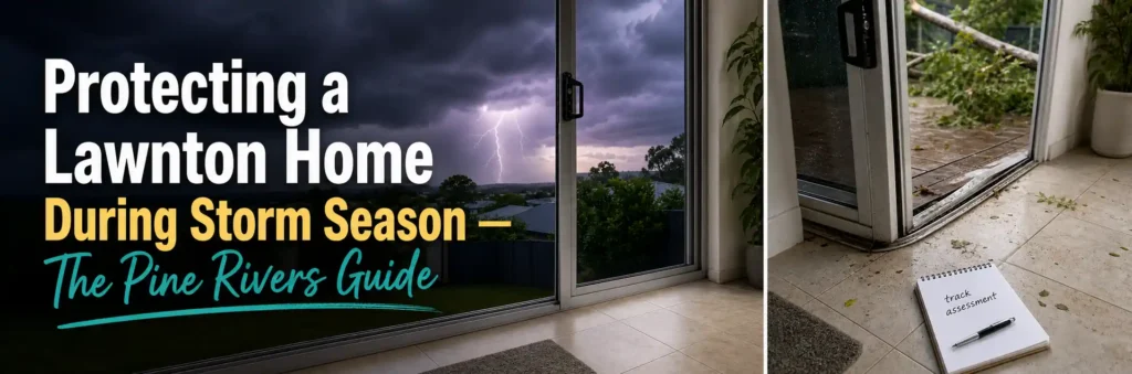 Split-frame image of a sliding glass door during a Queensland storm and a storm-damaged door track with fallen branches outside a Lawnton home. Copy Alt Text