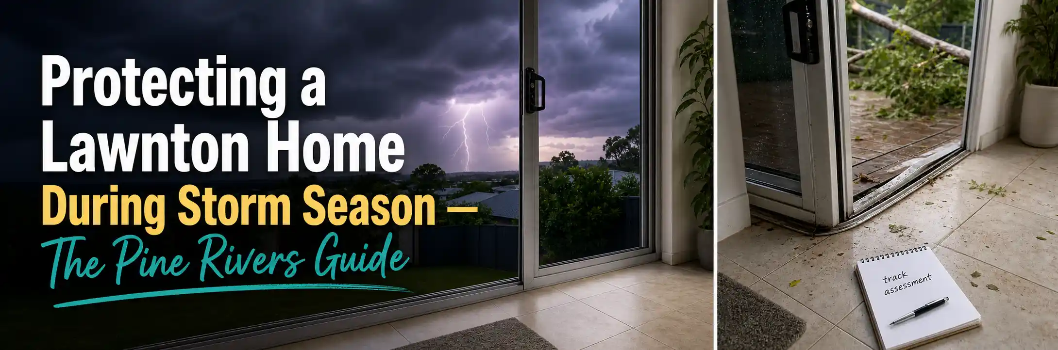 Split-frame image of a sliding glass door during a Queensland storm and a storm-damaged door track with fallen branches outside a Lawnton home. Copy Alt Text