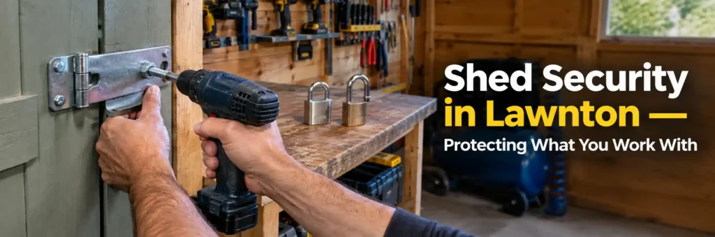 Locksmith installing a heavy-duty shed hasp with through-bolts inside a Lawnton workshop to improve shed security.
